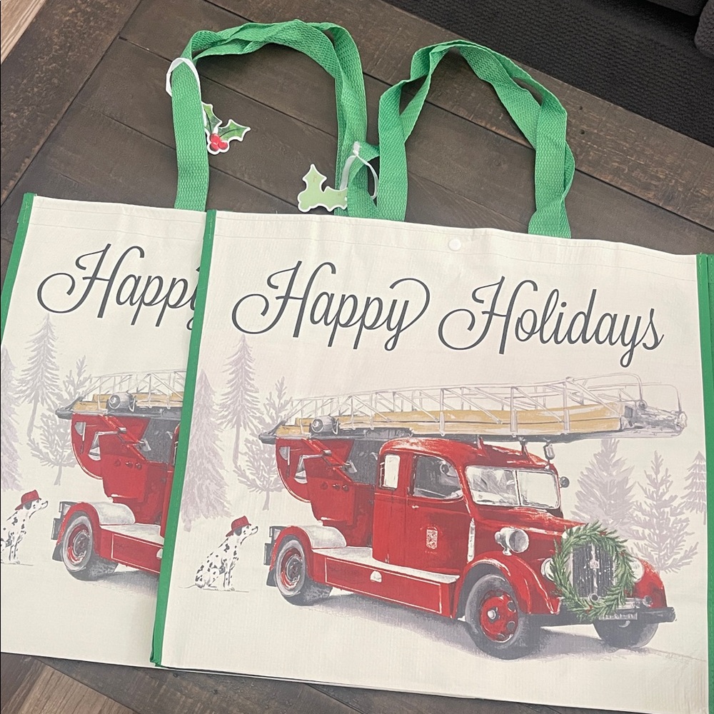 T.J.Maxx 2 Happy Holidays Red Vintage Fire Truck 🚒 Dalmation Reusable Tote NWT
